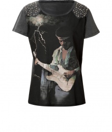 Rock into the new season with Faith Connexions embellished Jimi Hendrix tee - Scoop neckline, short sleeves, embellished shoulders, printed front with metallic gold detailing, frayed edges - Loosely fitted - Wear with leather leggings and edgy ankle boots Rock into the new season with Faith Connexions embellished Jimi Hendrix tee - Scoop neckline, short sleeves, embellished shoulders, printed front with metallic gold detailing, frayed edges - Loosely fitted - Wear with leather leggings and edgy ankle boots