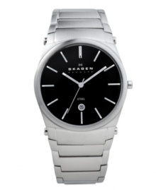 Sophisticated design and reliable performance. Classic watch by Skagen Denmark crafted of stainless steel three-link bracelet and round case. Black dial features silver tone stick indices, date window at six o'clock, three hands and logo. Quartz movement. Water resistant to 30 meters. Limited lifetime warranty. Sophisticated design and reliable performance. Classic watch by Skagen Denmark crafted of stainless steel three-link bracelet and round case. Black dial features silver tone stick indices, date window at six o'clock, three hands and logo. Quartz movement. Water resistant to 30 meters. Limited lifetime warranty.