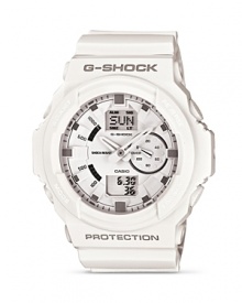 Be a good sport with this boldly sized digital watch from G-Shock. Designed for maximum performance on the field and off, it features a stopwatch, quartz movement, and supreme shock resistance. Be a good sport with this boldly sized digital watch from G-Shock. Designed for maximum performance on the field and off, it features a stopwatch, quartz movement, and supreme shock resistance.