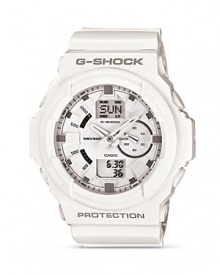 Be a good sport with this boldly sized digital watch from G-Shock. Designed for maximum performance on the field and off, it features a stopwatch, quartz movement, and supreme shock resistance.