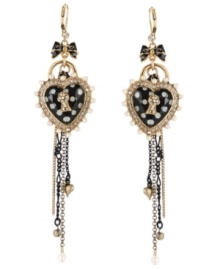 Right on the dot! A pretty polka dot pattern sets apart these multi chain linear earrings from Betsey Johnson. Embellished with hearts, glittering crystals, glass pearls and dainty bows, they're crafted in antique gold tone mixed metal. Approximate drop: 4-1/2 inches. Right on the dot! A pretty polka dot pattern sets apart these multi chain linear earrings from Betsey Johnson. Embellished with hearts, glittering crystals, glass pearls and dainty bows, they're crafted in antique gold tone mixed metal. Approximate drop: 4-1/2 inches.