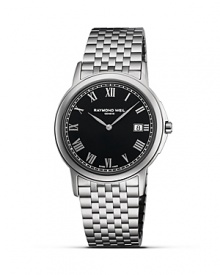 For a sophisticated look that is steeped in tradition, Raymond Weil offers this handsome stainless steel watch, with an easy-to-read Roman numeral dial, date display and hinged stainless steel band. For a sophisticated look that is steeped in tradition, Raymond Weil offers this handsome stainless steel watch, with an easy-to-read Roman numeral dial, date display and hinged stainless steel band.
