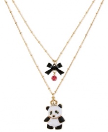 Animal magnetism. Pandas are always hard to resist, and Betsey Johnson puts a charming one front and center in this two-row necklace. Crafted from antique gold-tone mixed metal, the necklace also features a black bow and other sparkling accents. Item comes packaged in a signature Betsey Johnson Gift Box. Approximate length: 16 inches + 3-inch extender. Approximate drop: 2-3/4 inches. Animal magnetism. Pandas are always hard to resist, and Betsey Johnson puts a charming one front and center in this two-row necklace. Crafted from antique gold-tone mixed metal, the necklace also features a black bow and other sparkling accents. Item comes packaged in a signature Betsey Johnson Gift Box. Approximate length: 16 inches + 3-inch extender. Approximate drop: 2-3/4 inches.