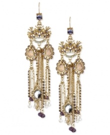 The royal treatment. Betsey Johnson's linear earrings, crafted from gold-tone mixed metal with colorful crystal accents and multiple chains-as well as a gold-tone mirror-are a crowning achievement in style. Approximate drop: 1-1/2 inches. The royal treatment. Betsey Johnson's linear earrings, crafted from gold-tone mixed metal with colorful crystal accents and multiple chains-as well as a gold-tone mirror-are a crowning achievement in style. Approximate drop: 1-1/2 inches.