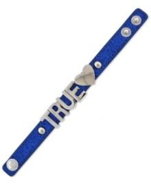 True love at first sight. BCBGeneration's affirmation bracelet is crafted from silver-tone mixed metal on a blue glitter band for a look you'll fall for over and over again. Approximate length: 8 inches. True love at first sight. BCBGeneration's affirmation bracelet is crafted from silver-tone mixed metal on a blue glitter band for a look you'll fall for over and over again. Approximate length: 8 inches.