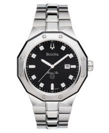 Modern details and functionality combine in this timelessly handsome watch from Bulova. Silver tone stainless steel bracelet and round case. Round black dial with date window, diamond accent indices and logo. Quartz movement. Water resistant to 100 meters. Three-year limited warranty. Modern details and functionality combine in this timelessly handsome watch from Bulova. Silver tone stainless steel bracelet and round case. Round black dial with date window, diamond accent indices and logo. Quartz movement. Water resistant to 100 meters. Three-year limited warranty.
