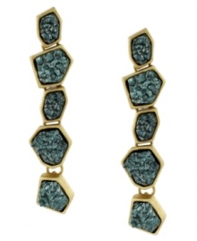 Solid as a rock. BCBGeneration's dynamic drop earrings feature chunky green drusy chips in a fun, linear setting. Crafted in gold tone mixed metal. Approximate drop: 2 inches. Solid as a rock. BCBGeneration's dynamic drop earrings feature chunky green drusy chips in a fun, linear setting. Crafted in gold tone mixed metal. Approximate drop: 2 inches.