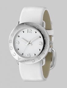 A subtly logo engraved bezel with sleek white dial and leather strap.Quartz movement Water resistant to 3 ATM Logo engraved bezel Round stainless steel case, 36mm, (1.41) White dial Arabic numeral and dot hour markers Second hand Leather strap, 22mm, (.86) Buckle closure Imported A subtly logo engraved bezel with sleek white dial and leather strap.Quartz movement Water resistant to 3 ATM Logo engraved bezel Round stainless steel case, 36mm, (1.41) White dial Arabic numeral and dot hour markers Second hand Leather strap, 22mm, (.86) Buckle closure Imported