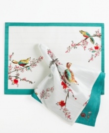 Set the scene for spring with Chirp table linens. Watercolor-inspired birds and florals from the beloved Lenox pattern thrive on the microfiber placemat, featuring a bold teal border and strands of tonal beads in easy-care polyester.