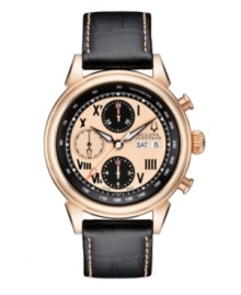 Timeless design and contemporary details blend seamlessly on this Gemini collection watch by Bulova Accutron. Black leather strap with contrast stitching and round rose-gold tone stainless steel case with clear back and curve sapphire crystal. Black dial with inner rose-gold tone dial features tachymeter scale, black Roman numerals at markers, minute track, day and date window at three o'clock, three subdials, luminous hands and logo. Swiss mechanical movement. Water resistant to 50 meters. Five-year limited warranty.