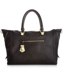 Stay on trend with this gorgeous Steve Madden tote ideal for the busy girl-on-the-go. A portable silhouette covered in a sleek python print with shiny gold-tone hardware and unique side zipper detailing. Stay on trend with this gorgeous Steve Madden tote ideal for the busy girl-on-the-go. A portable silhouette covered in a sleek python print with shiny gold-tone hardware and unique side zipper detailing.