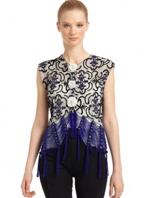 THE LOOKAllover beaded design with rhinestone appliquéSemi-sheer constructionV-neckFront bow detailCap sleevesBeaded fringe trim along hemTHE FITAbout 22 from shoulder to hemTHE MATERIALNylonSilk liningCARE & ORIGINDry cleanMade in ItalyModel shown is 5'10½ (179cm) wearing US size 4. THE LOOKAllover beaded design with rhinestone appliquéSemi-sheer constructionV-neckFront bow detailCap sleevesBeaded fringe trim along hemTHE FITAbout 22 from shoulder to hemTHE MATERIALNylonSilk liningCARE & ORIGINDry cleanMade in ItalyModel shown is 5'10½ (179cm) wearing US size 4.