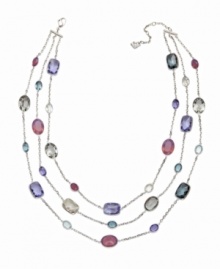 The perfect palette. This layered Swarovski necklace presents three rows of crystals on silver tone mixed metal chains. Crystals sparkle in a stunning gradation of warm pastel colors. Approximate length: 14-7/8 inches. The perfect palette. This layered Swarovski necklace presents three rows of crystals on silver tone mixed metal chains. Crystals sparkle in a stunning gradation of warm pastel colors. Approximate length: 14-7/8 inches.