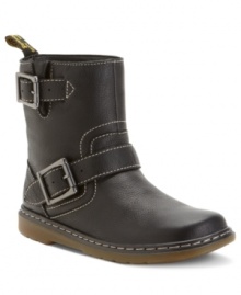Huge buckles and stitching detail around the shaft of Dr. Martens' Gayle booties gives this stylish pair the extra edge you've been looking for. Huge buckles and stitching detail around the shaft of Dr. Martens' Gayle booties gives this stylish pair the extra edge you've been looking for.