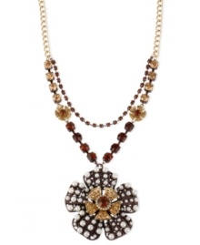 Plentiful petals from Betsey Johnson. This pendant necklace embellishes your look with brown tone chains, topaz crystals cup chains, gold tone flowers with crystal accents, brown tone flower with glass pearls and gold tone flower with topaz crystals accents. Crafted in gold tone mixed metal. Approximate length: 18 inches + 3-inch extender. Approximate drop: 2-3/4 inches. Plentiful petals from Betsey Johnson. This pendant necklace embellishes your look with brown tone chains, topaz crystals cup chains, gold tone flowers with crystal accents, brown tone flower with glass pearls and gold tone flower with topaz crystals accents. Crafted in gold tone mixed metal. Approximate length: 18 inches + 3-inch extender. Approximate drop: 2-3/4 inches.