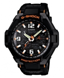 Orange accents add liveliness to this always-durable Aviation watch from G-Shock. Orange accents add liveliness to this always-durable Aviation watch from G-Shock.