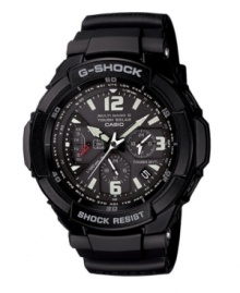 When every second counts. Introducing the new Aviation concept watch by G-Shock, designed to keep accurate time even under the stress of high G-forces. Black resin strap and round case with logo at bezel. Black analog and digital display dial features shock resistance, tough solar power, atomic timekeeping, chronograph, world time and daily alarm with snooze. Quartz movement. Water resistant to 200 meters. One-year limited warranty. When every second counts. Introducing the new Aviation concept watch by G-Shock, designed to keep accurate time even under the stress of high G-forces. Black resin strap and round case with logo at bezel. Black analog and digital display dial features shock resistance, tough solar power, atomic timekeeping, chronograph, world time and daily alarm with snooze. Quartz movement. Water resistant to 200 meters. One-year limited warranty.