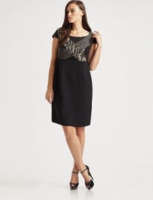 This mixed-print style dazzles with a sequin accented top. Scoop neck Cap sleeves Concealed back zip closure Empire waist Fully lined About 24 from natural waist 47% polyester/25% cotton/14% viscose/12% wool/2% spandex Dry clean Made in Italy This mixed-print style dazzles with a sequin accented top. Scoop neck Cap sleeves Concealed back zip closure Empire waist Fully lined About 24 from natural waist 47% polyester/25% cotton/14% viscose/12% wool/2% spandex Dry clean Made in Italy
