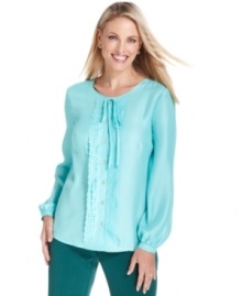 Scalloped trim and an unexpectedly chic color make this Charter Club blouse a fashion-forward choice for casual days. Scalloped trim and an unexpectedly chic color make this Charter Club blouse a fashion-forward choice for casual days.