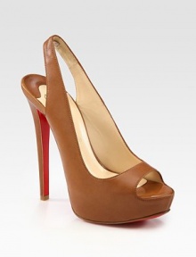 Smooth leather platform design with a stretchy slingback, peep toe and ultra-high heel. Self-covered heel, 5 (125mm)Covered platform, 1 (25mm)Compares to a 4 heel (100mm)Leather upperLeather liningSignature red leather solePadded insoleMade in ItalyOUR FIT MODEL RECOMMENDS ordering one half size up as this style runs small. Smooth leather platform design with a stretchy slingback, peep toe and ultra-high heel. Self-covered heel, 5 (125mm)Covered platform, 1 (25mm)Compares to a 4 heel (100mm)Leather upperLeather liningSignature red leather solePadded insoleMade in ItalyOUR FIT MODEL RECOMMENDS ordering one half size up as this style runs small.