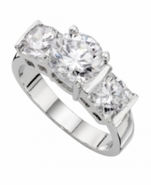 Indulge yourself in eye-popping sparkle. City by City ring features three, round-cut cubic zirconias (4-3/4 ct. t.w.) set in silver tone mixed metal. Size 7 and 8. Indulge yourself in eye-popping sparkle. City by City ring features three, round-cut cubic zirconias (4-3/4 ct. t.w.) set in silver tone mixed metal. Size 7 and 8.