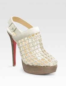 Trés chic style with an intricate leather web to capture attention. Wood heel, 5½ (140mm) Stacked wood platform, 1¼ (30mm) Compares to 4¼ heel (110mm) Adjustable ankle strap Leather lining Padded insole Signature red leather sole Made in ItalyOUR FIT MODEL RECOMMENDS ordering true size. Trés chic style with an intricate leather web to capture attention. Wood heel, 5½ (140mm) Stacked wood platform, 1¼ (30mm) Compares to 4¼ heel (110mm) Adjustable ankle strap Leather lining Padded insole Signature red leather sole Made in ItalyOUR FIT MODEL RECOMMENDS ordering true size.