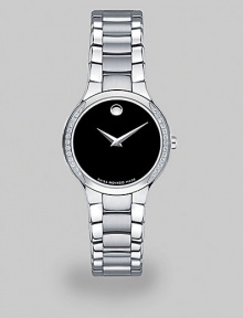 Serio bracelet watch in solid stainless steel with black Museum dial, partially set with diamonds. Swiss quartz movementWater resistant to 3 ATMRound stainless steel case, 26mm (1) Diamond accented bezel, 0.126 tcwBlack dialStainless steel braceletMade in Switzerland Serio bracelet watch in solid stainless steel with black Museum dial, partially set with diamonds. Swiss quartz movementWater resistant to 3 ATMRound stainless steel case, 26mm (1) Diamond accented bezel, 0.126 tcwBlack dialStainless steel braceletMade in Switzerland