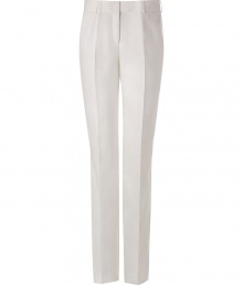 Luxurious pants in fine cotton/silk blend - summery noble ivory - new, slightly wider legs with crease (makes the legs look even longer) - a highlight basic for important business dates and elegant evening events - pair best with slim tops, which are being tucked in - a MUST here: high heels - wear a blazer or trenchcoat on top