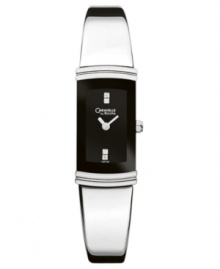 Gracefully enigmatic, this fine women's watch is crafted with the timeless quality and styling of Caravelle by Bulova. Stainless steel silvertone bracelet and rectangular case. Black rectangular dial with logo and diamond accents. Quartz movement. Water resistant to 30 meters. Three-year limited warranty. Gracefully enigmatic, this fine women's watch is crafted with the timeless quality and styling of Caravelle by Bulova. Stainless steel silvertone bracelet and rectangular case. Black rectangular dial with logo and diamond accents. Quartz movement. Water resistant to 30 meters. Three-year limited warranty.