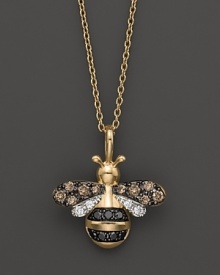 Black and brown diamonds, set in a 14K yellow gold bumblebee pendant, add sweetness to your look. Black and brown diamonds, set in a 14K yellow gold bumblebee pendant, add sweetness to your look.