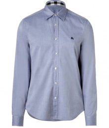 Casual and cool with its classic styling and super soft cotton, Burberry Brits light denim-colored button-down is a timeless choice for all 4 seasons - Cutaway collar, long sleeves, buttoned cuffs, button-down front, navy embroidered logo at chest, shirttail hemline - Classic straight silhouette - Wear with chinos and bright leather loafers Casual and cool with its classic styling and super soft cotton, Burberry Brits light denim-colored button-down is a timeless choice for all 4 seasons - Cutaway collar, long sleeves, buttoned cuffs, button-down front, navy embroidered logo at chest, shirttail hemline - Classic straight silhouette - Wear with chinos and bright leather loafers