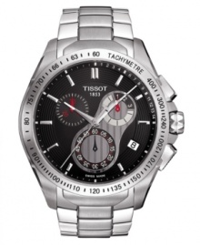Style with velocity, by Tissot. This watch features a stainless steel bracelet and round case. Textured black chronograph dial with silvertone stick indices, logo, date window and three subdials. Swiss made. Quartz movement. Water resistant to 100 meters. Two-year limited warranty. Style with velocity, by Tissot. This watch features a stainless steel bracelet and round case. Textured black chronograph dial with silvertone stick indices, logo, date window and three subdials. Swiss made. Quartz movement. Water resistant to 100 meters. Two-year limited warranty.