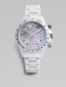A modern, full-function chronograph with a plasteramic link bracelet and lustrous mother-of-pearl dial. Quartz movement Plastic bezel Round 42 mm case Mother-of-pearl face with three sub dials Crystal hour markers Second hand Imported A modern, full-function chronograph with a plasteramic link bracelet and lustrous mother-of-pearl dial. Quartz movement Plastic bezel Round 42 mm case Mother-of-pearl face with three sub dials Crystal hour markers Second hand Imported