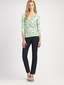 A body-hugging design with an eye-catching zigzag print. V-neckThree-quarter sleevesSide shirringPull-on styleAbout 25 from shoulder to hem90% viscose/10% elastaneHand washImported of Italian fabricModel shown is 5'11½ (181cm) wearing US size Small. A body-hugging design with an eye-catching zigzag print. V-neckThree-quarter sleevesSide shirringPull-on styleAbout 25 from shoulder to hem90% viscose/10% elastaneHand washImported of Italian fabricModel shown is 5'11½ (181cm) wearing US size Small.