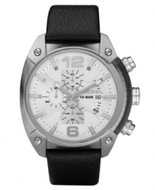 Nothing is black and white with this precise timepiece by Diesel. Crafted of black leather strap and round stainless steel and crystal-electroplated case. White textured chronograph dial features silver tone numerals at six and twelve o'clock, applied stick indices, three subdials with black printing, date window at three o'clock, luminous hands and logo. Quartz movement. Water resistant to 100 meters. Two-year limited warranty.