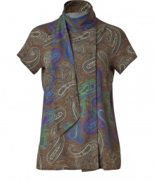 Perennially elegant paisley gets a modern, color-infused kick with Etros sumptuous silk stretch blouse - Classically chic in an earthy sepia print with bold splashes of green, blue and purple - Short sleeves and small standup collar with a draped, tie neck fabric panel - Slim yet relaxed, modified A-line silhouette - Versatile and sophisticated, seamlessly transitions from work to weekend - Pair with cigarette trousers, skinny denim, pencil skirts or dressy shorts Perennially elegant paisley gets a modern, color-infused kick with Etros sumptuous silk stretch blouse - Classically chic in an earthy sepia print with bold splashes of green, blue and purple - Short sleeves and small standup collar with a draped, tie neck fabric panel - Slim yet relaxed, modified A-line silhouette - Versatile and sophisticated, seamlessly transitions from work to weekend - Pair with cigarette trousers, skinny denim, pencil skirts or dressy shorts