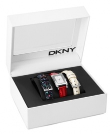 Keep your look in motion with this interchangeable leather watch set from DKNY. Keep your look in motion with this interchangeable leather watch set from DKNY.