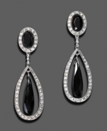 Liven your evening look with these lovely clip-on earrings by Monet. Faceted black glass surrounded by pave crystals set in shining silvertone mixed metal. Approximate drop: 2-1/4 inches. Liven your evening look with these lovely clip-on earrings by Monet. Faceted black glass surrounded by pave crystals set in shining silvertone mixed metal. Approximate drop: 2-1/4 inches.