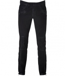 Ultra cool and equally edgy, Balmains waxed moleskin biker pants guarantee an urban finish to your outfit - Five pocket style, 2 zippered front slit pockets, zippered back patch pockets, zip fly, hidden hook closure, belt loops, zippered ankles, patchworked seaming - Slim fit - Wear with chunky knit pullovers and broken-in boots