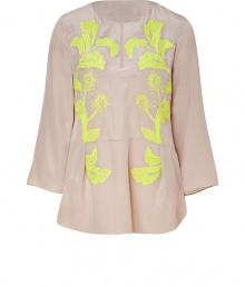 Luxe tunic top in fine, pure tan silk - Incredibly soft and lightweight - Vibrant yellow floral embroidery compliments the on-trend, flesh-colored hue - New, feminine silhouette is slim yet easy and cut slightly longer in the back - Fashionable 3/4 sleeves and small, round collar with front slit detail - Polished and cool, easily dressed up or down - Pair with jeans, ankle-cropped pants or a mini skirt Luxe tunic top in fine, pure tan silk - Incredibly soft and lightweight - Vibrant yellow floral embroidery compliments the on-trend, flesh-colored hue - New, feminine silhouette is slim yet easy and cut slightly longer in the back - Fashionable 3/4 sleeves and small, round collar with front slit detail - Polished and cool, easily dressed up or down - Pair with jeans, ankle-cropped pants or a mini skirt