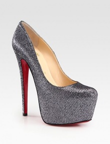 Sparkling glitter-covered fabric on a sky-high platform silhouette with a timeless point toe. Self-covered heel, 6¼ (155mm)Hidden platform, 2¼ (60mm)Compares to a 4 heel (100mm)Glitter-coated fabric upperPoint toeLeather liningSignature red leather solePadded insoleMade in Italy Sparkling glitter-covered fabric on a sky-high platform silhouette with a timeless point toe. Self-covered heel, 6¼ (155mm)Hidden platform, 2¼ (60mm)Compares to a 4 heel (100mm)Glitter-coated fabric upperPoint toeLeather liningSignature red leather solePadded insoleMade in Italy