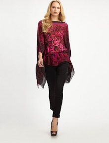 Dramatically draped silk chiffon, in a bold rose print cinched with a matching tie belt.BoatneckSheer batwing sleevesSelf tie beltSilkDry cleanMade in Italy of imported fabricModel shown is 5'11 (180cm) wearing US size 4.OUR FIT MODEL RECOMMENDS ordering true size. Dramatically draped silk chiffon, in a bold rose print cinched with a matching tie belt.BoatneckSheer batwing sleevesSelf tie beltSilkDry cleanMade in Italy of imported fabricModel shown is 5'11 (180cm) wearing US size 4.OUR FIT MODEL RECOMMENDS ordering true size.