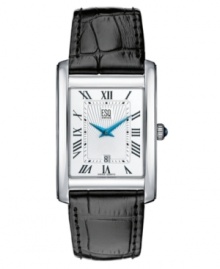 Distinctive in all the right ways. This ESQ by Movado watch features a black croc-embossed leather strap and stainless steel case. Silvertone Guilloché textured dial with logo, date window and black Roman numerals. Two blue hands. Quartz movement. Water resistant to 30 meters. Two-year limited warranty. Distinctive in all the right ways. This ESQ by Movado watch features a black croc-embossed leather strap and stainless steel case. Silvertone Guilloché textured dial with logo, date window and black Roman numerals. Two blue hands. Quartz movement. Water resistant to 30 meters. Two-year limited warranty.