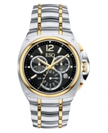 A refined look with a multitude of functions. This ESQ by Movado watch features a goldtone and silvertone stainless steel bracelet and round case. Black chronograph dial with goldtone stick indices, logo, date window and three subdials. Swiss made. Quartz movement. Water resistant to 30 meters. Two-year limited warranty. A refined look with a multitude of functions. This ESQ by Movado watch features a goldtone and silvertone stainless steel bracelet and round case. Black chronograph dial with goldtone stick indices, logo, date window and three subdials. Swiss made. Quartz movement. Water resistant to 30 meters. Two-year limited warranty.