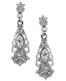 Delicate and intricate drops by 2028. These shimmering earrings are accented by glass crystal stones. Set in silver mixed metal. Approximate drop: 1-3/4 inches. Delicate and intricate drops by 2028. These shimmering earrings are accented by glass crystal stones. Set in silver mixed metal. Approximate drop: 1-3/4 inches.