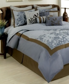 A sweet mix of florals and solids lend an air of natural beauty to the bedroom in this embroidered Madison comforter set all in a soothing blue colorway with brown accents. Coordinating coverlet and decorative pillows add layers of depth to the bed. A sweet mix of florals and solids lend an air of natural beauty to the bedroom in this embroidered Madison comforter set all in a soothing blue colorway with brown accents. Coordinating coverlet and decorative pillows add layers of depth to the bed.