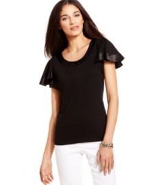 Flutter sleeves finished with silky satin trim give Alfani's scoopneck tee a flirty update. So versatile and effortlessly chic, you can pair it with anything in your closet for a polished and pretty look.