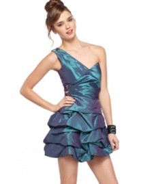 Roberta gives the classic party dress a new attitude through a flirty one-shoulder design and cool iridescent sheen! Roberta gives the classic party dress a new attitude through a flirty one-shoulder design and cool iridescent sheen!