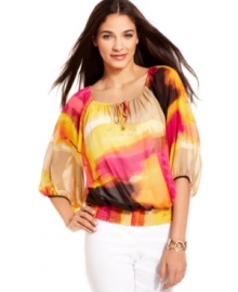 The beauty of the summer sunrise inspired this floaty peasant top from Alfani. Pair it with crisp white pants to give your look a spirited pop of color. The beauty of the summer sunrise inspired this floaty peasant top from Alfani. Pair it with crisp white pants to give your look a spirited pop of color.