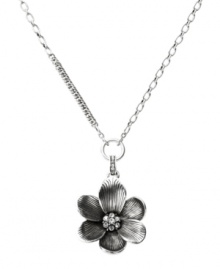 Drape your neckline in pretty petals. This darling flower pendant by Fossil features a silver tone mixed metal setting with clear crystal details. Necklace chain can be worn long or short. Approximate length: 16 to 32 inches. Approximate drop: 2-1/4 inches. Drape your neckline in pretty petals. This darling flower pendant by Fossil features a silver tone mixed metal setting with clear crystal details. Necklace chain can be worn long or short. Approximate length: 16 to 32 inches. Approximate drop: 2-1/4 inches.